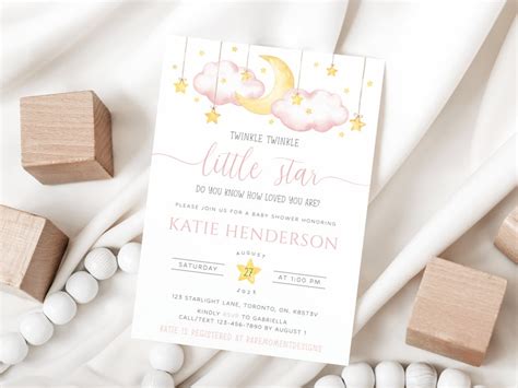 Moon And Stars Baby Shower Invitation Printable Girl Baby Etsy