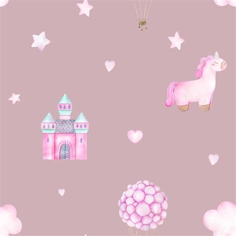 Premium Photo Watercolor Baby Seamless Pattern With Toy Pink Unicorn Hot Air Balloon Clouds