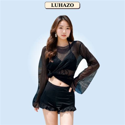 Bikini đi biển du lịch đồ bơi chi tiết nữ áo rút dây có mút ngực kèm quần nhún và áo lưới kín