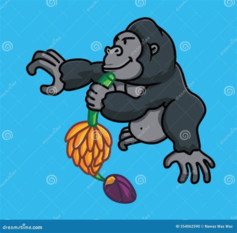 Cute Baby Young Gorilla Bring Bananas Fruit Ape Black Monkey Animal