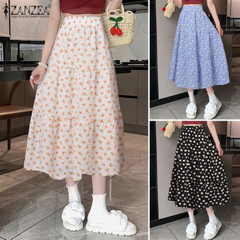 Esolo ZANZEA Korean Style Women Floral Print Elastic High Waist Long