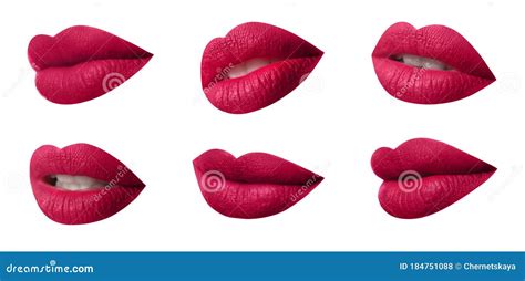 Set Of Mouths With Beautiful Makeup On Background Matte Red Lipstick