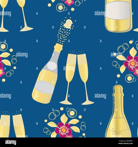 Popping Champagne Bottle Vector Seamless Pattern Background Fizzy Bubbles Champagne Flutes