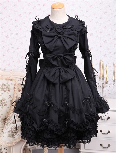 Elegant Gothic Black Cotton Lolita OP Dress Long Sleeves Lace Trim Bows ...