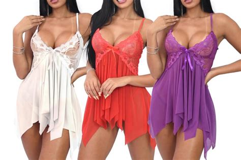 Kit Tr S Camisolas Em Renda Calcinha Fio Sensual Linha Noite Lingerie Feminina Moda