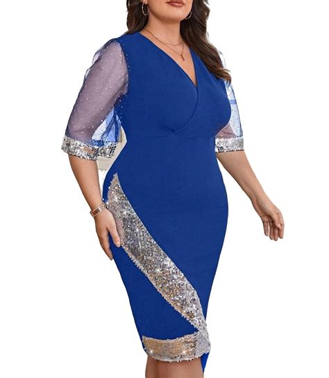 Party Colorblock Bodycon V Neck Royal Blue Plus Size Dresses