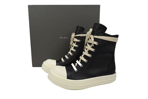 Fake Rick Owens Ramones Leather High Top Black Cream RU01B1890 From Obo ...