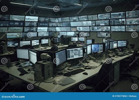 Regulation Of Safety Inside A Cctv Room Shows Many Monitors Stock