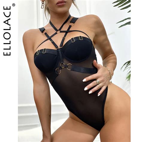 Uaang Ellolace Sensual Lingerie Bodysuit Halter Fitness Exotic Costumes