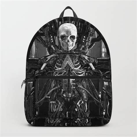 A Black And White Photo Of A Skeleton With Large Eyes On It S Back Pack