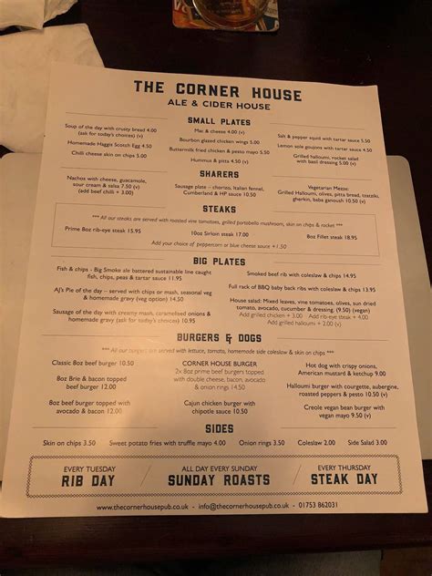 Menu At The Corner House Pub And Bar Windsor