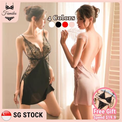 Sg Stock Fumiko Satin Night Dress Sexy Lingerie Women Pajamas Night Gown Nightwear Sleepwear