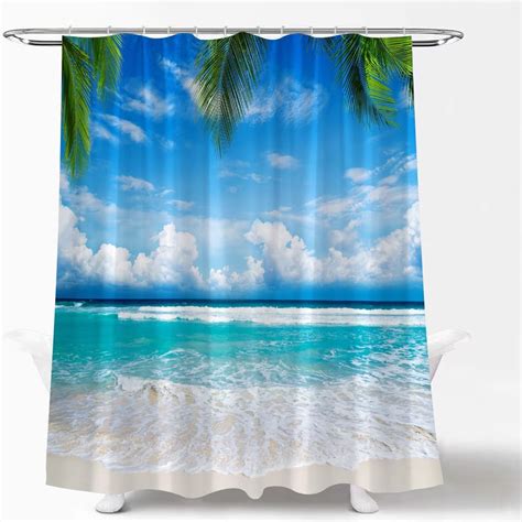 Ocean Beach Shower Curtain Tropical Palm Trees Seaside Scenery Blue Sky