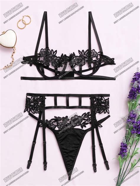 Generic Embroidered Lace Sheer Cutout Solid Color Garter Sexy Lingerie Sexy Two Piece Suit Sales