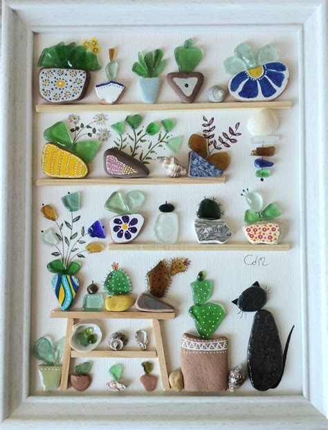 Sea Glass Art Indoor Garden Or Greenhouse Sea Glass And Pebble Art Unique Handmade Framed Sea