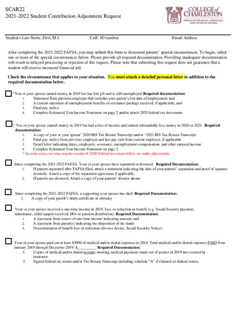 Fillable Online Finaid Cofc SCAR22 2021 2022 Student Contribution