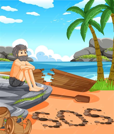 Premium Vector | A man on deserted island isolated
