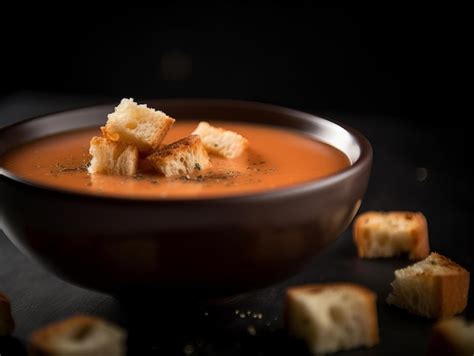 Sopa Cremosa De Tomate En Un Bol Con Picatostes Encima Foto Premium