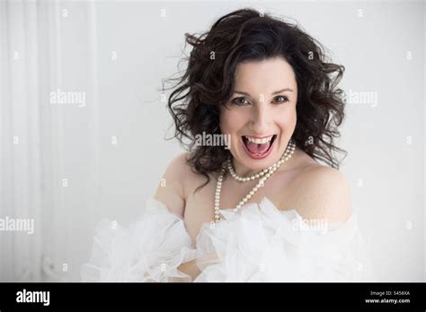 A Year Old Brunette Woman Laughing Stock Photo Alamy