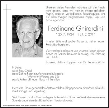 Traueranzeigen Von Ferdinand Ghirardini Trauer Bz