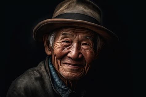 Retrato De Un Anciano Asi Tico Con Una Sonrisa De Sombrero Y Mirando A