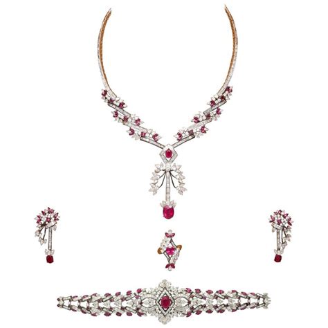 Mouawad Ruby Diamond Necklace Bracelet Ring Earrings Suite Diamond