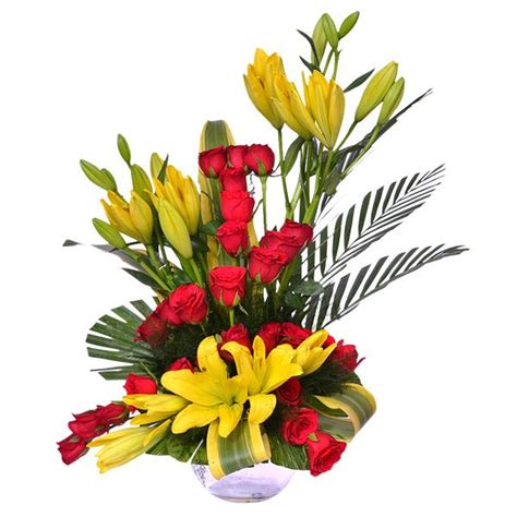 Send Yellow Lily N Red Rose In Glass Vase Arrangement Online Gal22