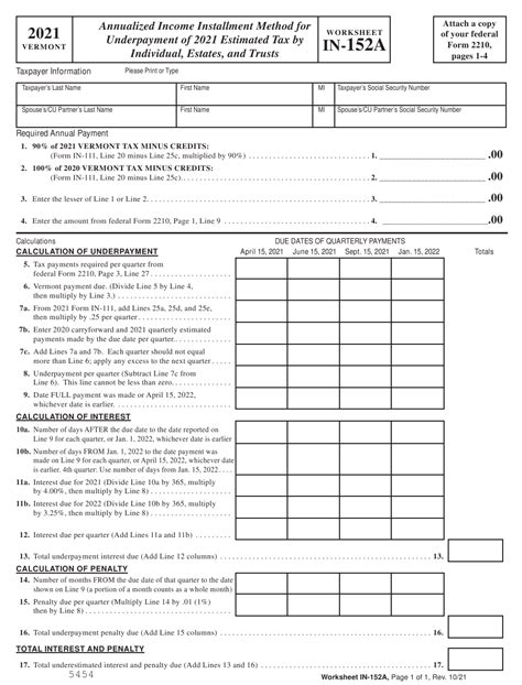 2021 Vermont Annualized Income Installment Method For Underpayment Of