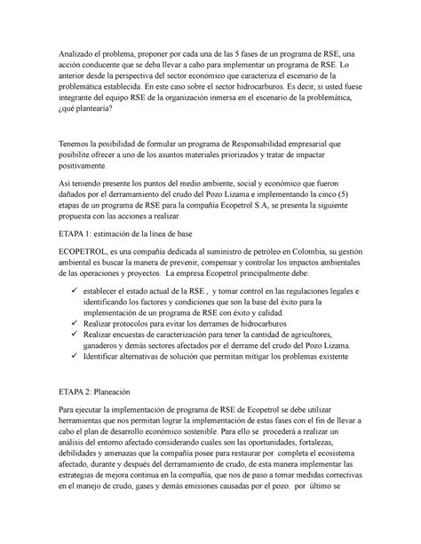 Analisis 5 fases RSE - Analizado el problema, proponer por cada una de
