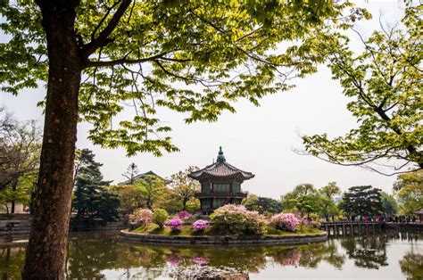 A Pond Surrounded By Trees And Flowers With A Pavilion In The