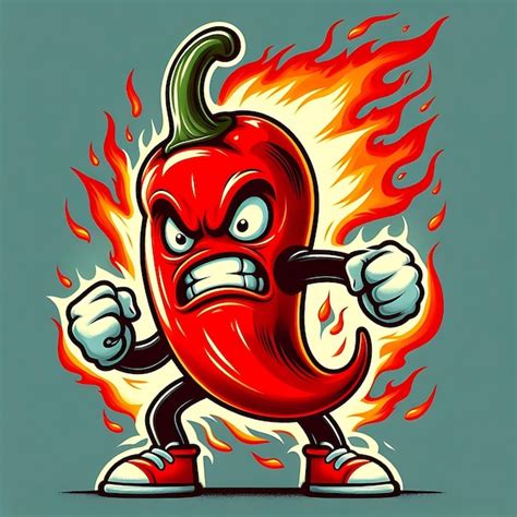 Fiery Hot Pepper Cartoon Character With Flames And Angry Expression Premium Ai Generated Vector