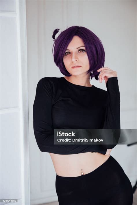 Girl Anime With Purple Hair Japan Cosplay Stock Photo - Download Image ...