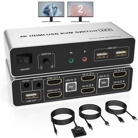 KVM Switch 2 Monitore, Unterstützt EDID, 4K@60Hz HDMI KVM Switch 2 PC 2 ...