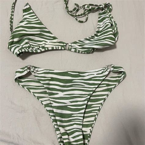 Shein Green Zebra Bikini Worn Once Size Medium Depop
