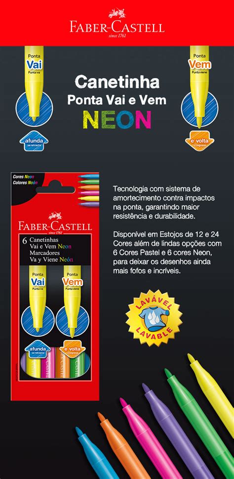 Caneta Hidrográfica Faber Castell Vai e Vem 6 Cores Neon