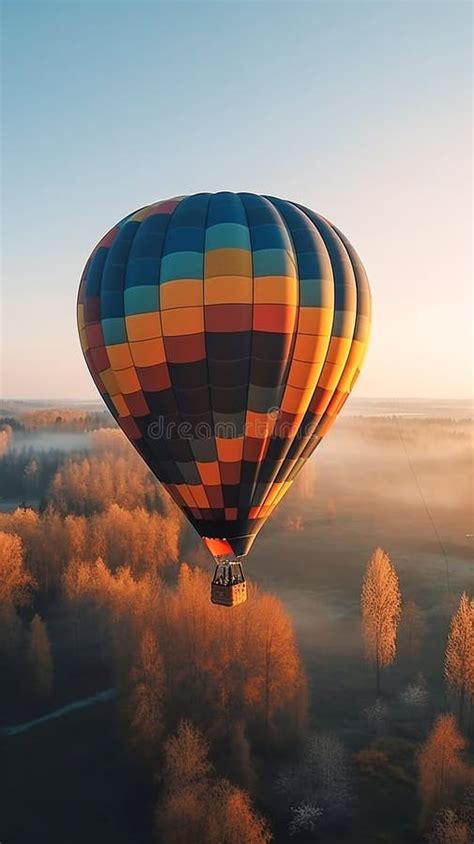 A Bright Hot Air Balloon Flying Across The Landscape On A Bright Sunny Day Stock Illustration