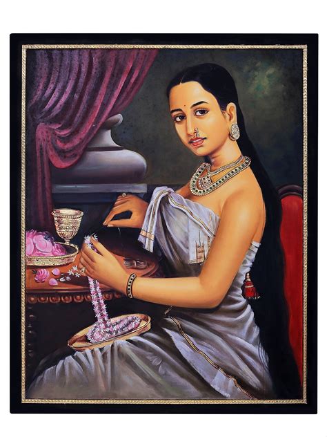 Lady Making A Garland Oil Painting With Frame Raja Ravi Varma