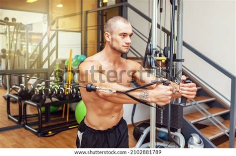 Muscular Bodybuilder Naked Torso Exercises Cable Stock Photo Shutterstock