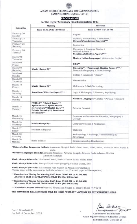 Assam Hs Exam Routine Ahsec Routine Timetable Dates