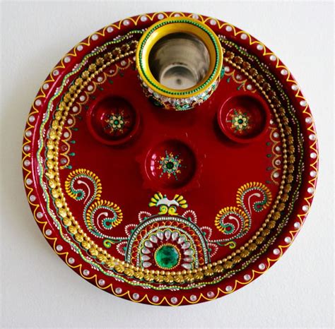 Beautiful Handpainted Thaal Thali With Kalash Diya Roli Tikka Bowls