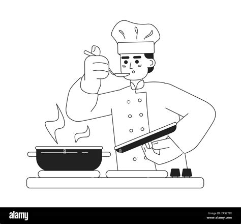 Male Chef Taste Food Monochromatic Flat Vector Character Stock Vector