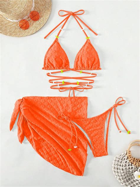 Shein Swim Mod Women Jacquard Halter Neck Bikini Set And Beach Cover Up Skirt Random Bead Color