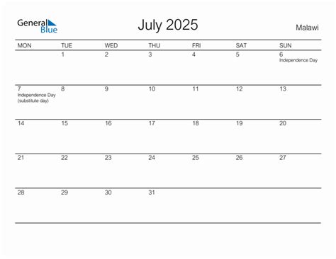 Printable July 2025 Monthly Calendar with Holidays for Malawi