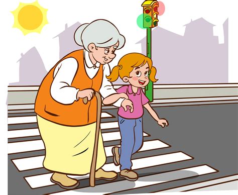 Child Helping Old Womanold Woman And Child Walking On Crosswalk