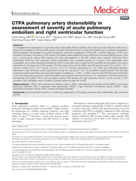 Pdf Ctpa Pulmonary Artery Distensibility In Assessment Of Severity Of Acute Pulmonary Embolism