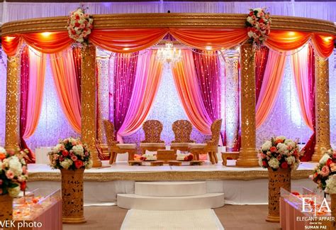 Sunset Colors Colorful Draping Gazebo Mandap Gold Pillars Indian