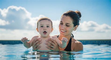 Smiling Mother In A Bikini Patiently Tries To Teach Her Baby Son To Swim Stock Illustration