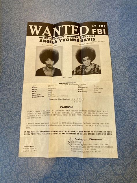 Angela Davis Fbi Wanted Poster 1970 Original Black Panthers Socialism