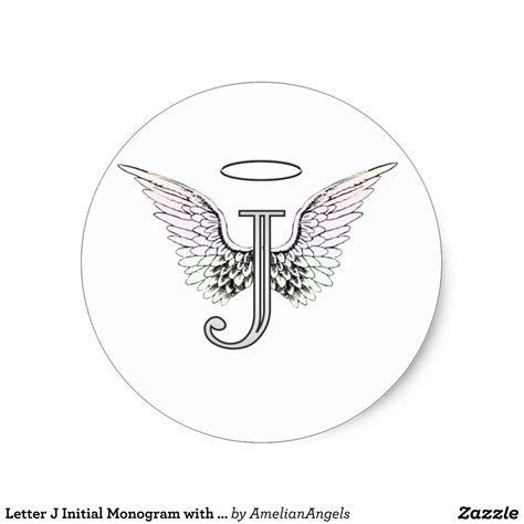 Letter J Initial Monogram With Angel Wings Halo Classic Round Sticker