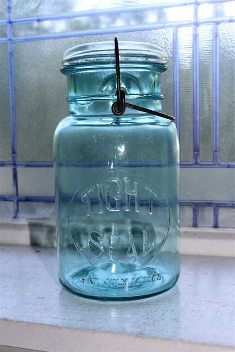 Blue Tight Seal Jar Quart Antique 1908 Glass Lid Wire Closure